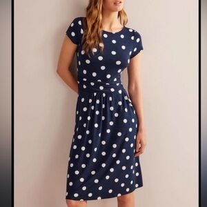 Boden Amelie Midi Dress Jersey Cotton Navy Blue Abstract Polka Dot Size 6 Small